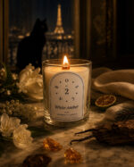 White Amber geurkaars 190 g — Oscar Luxury, 's avonds brandend